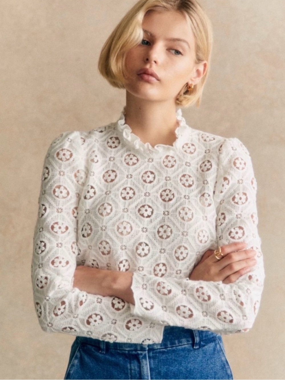 Sezane White Eyelet Lace Ruffle-Neck Blouse